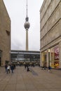 February 05, 2020: View of the Television Tower Fernsehturm in Berlin from Alexander Platz. The famous TV towe